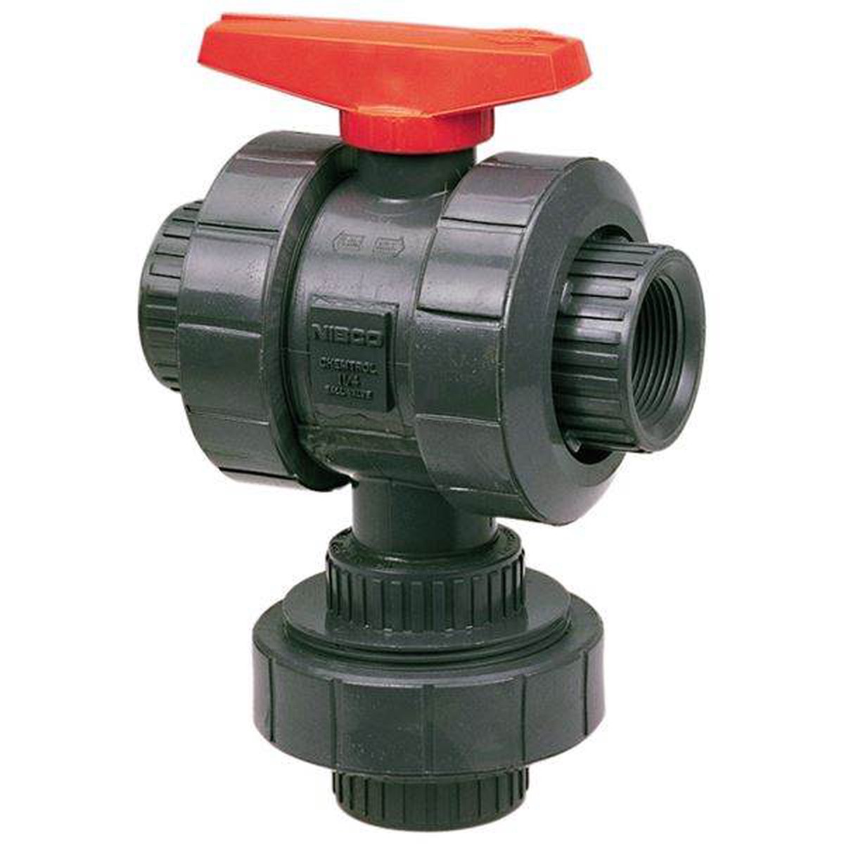 (Nibco Part#: MA784AA) T45M3-E - Ball Valve - Threaded, True Union, 3-Way 3-Position Multi-Port, PVC Schedule 80, EPDM