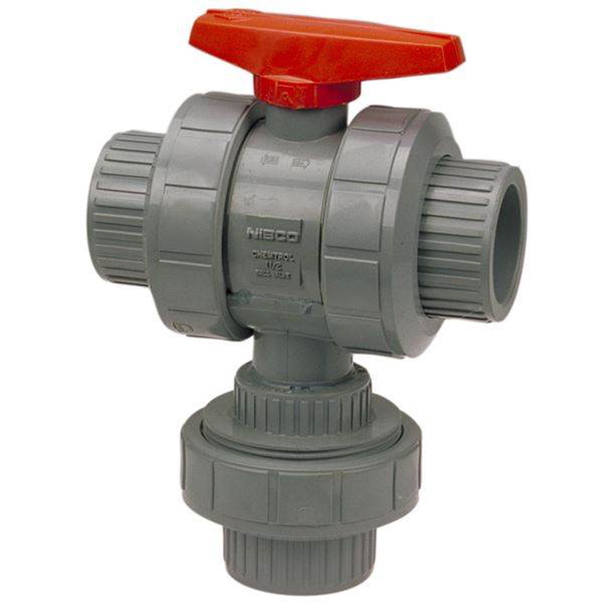 (Nibco Part#: MB784AB) T51M3-E - Ball Valve - Threaded, True Union, 3-Way 3-Position Multi-Port, CPVC Schedule 80, EPDM