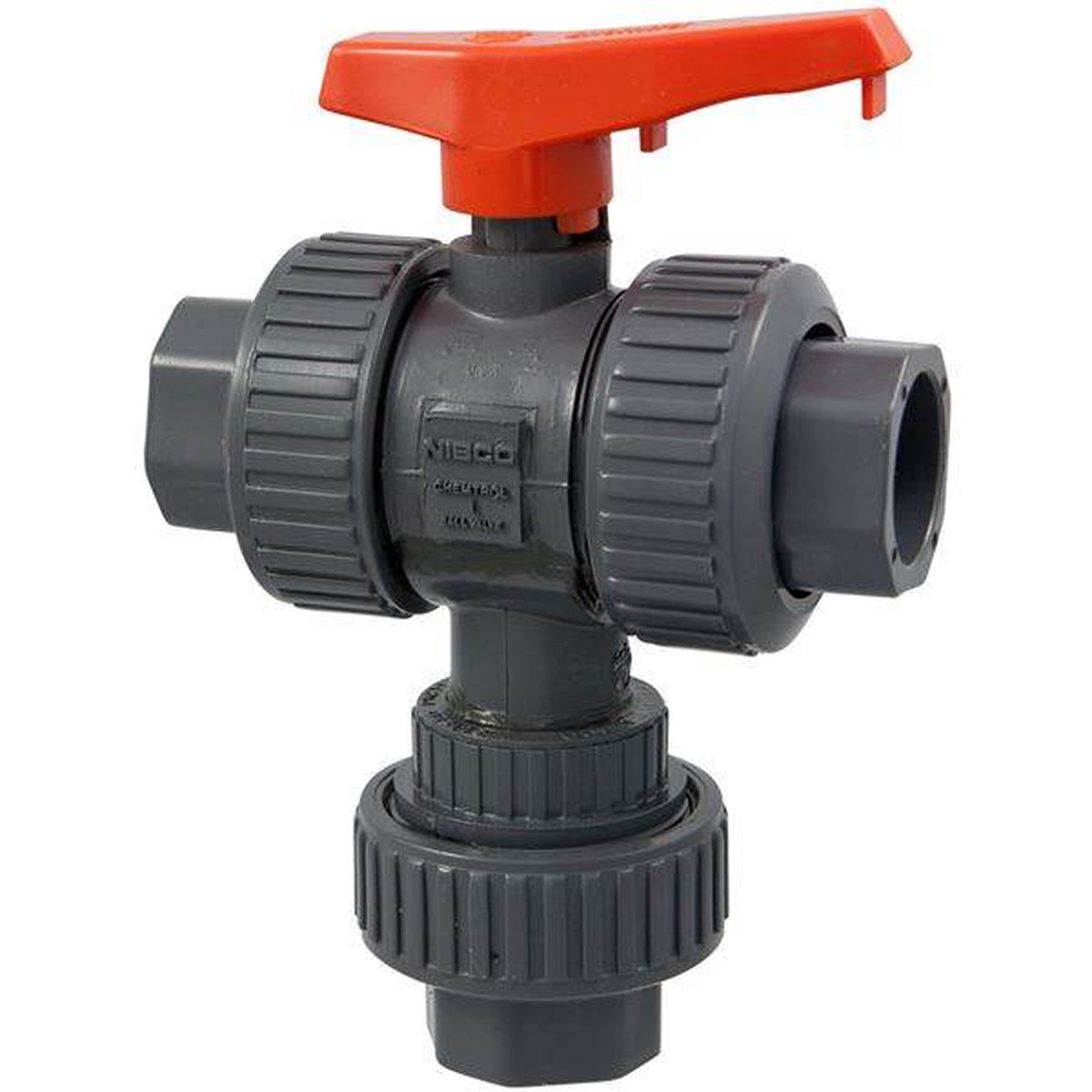 (Nibco Part#: MA781AA) S45M3-V - Ball Valve - Socket, True Union, 3-Way 3-Position Multi-Port, PVC Schedule 80, FKM